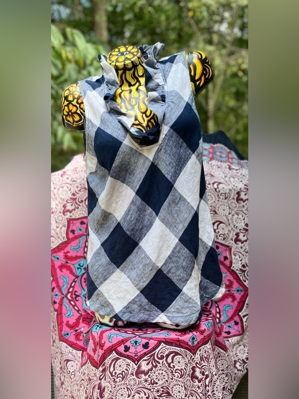 crown & ivy Navy and White Buffalo Check Ruffle Tank